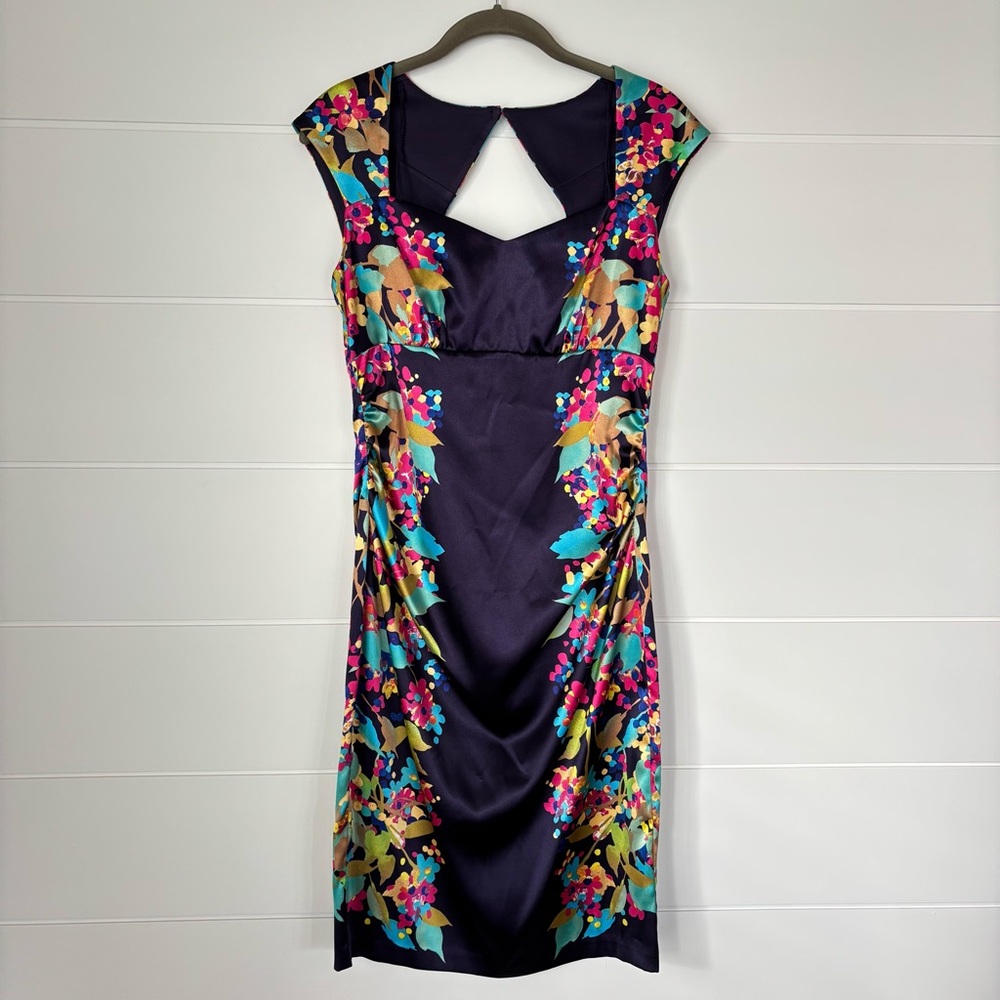 London Times Purple Floral Cap Sleeve Open Back Cocktail Dress Women's Size 8